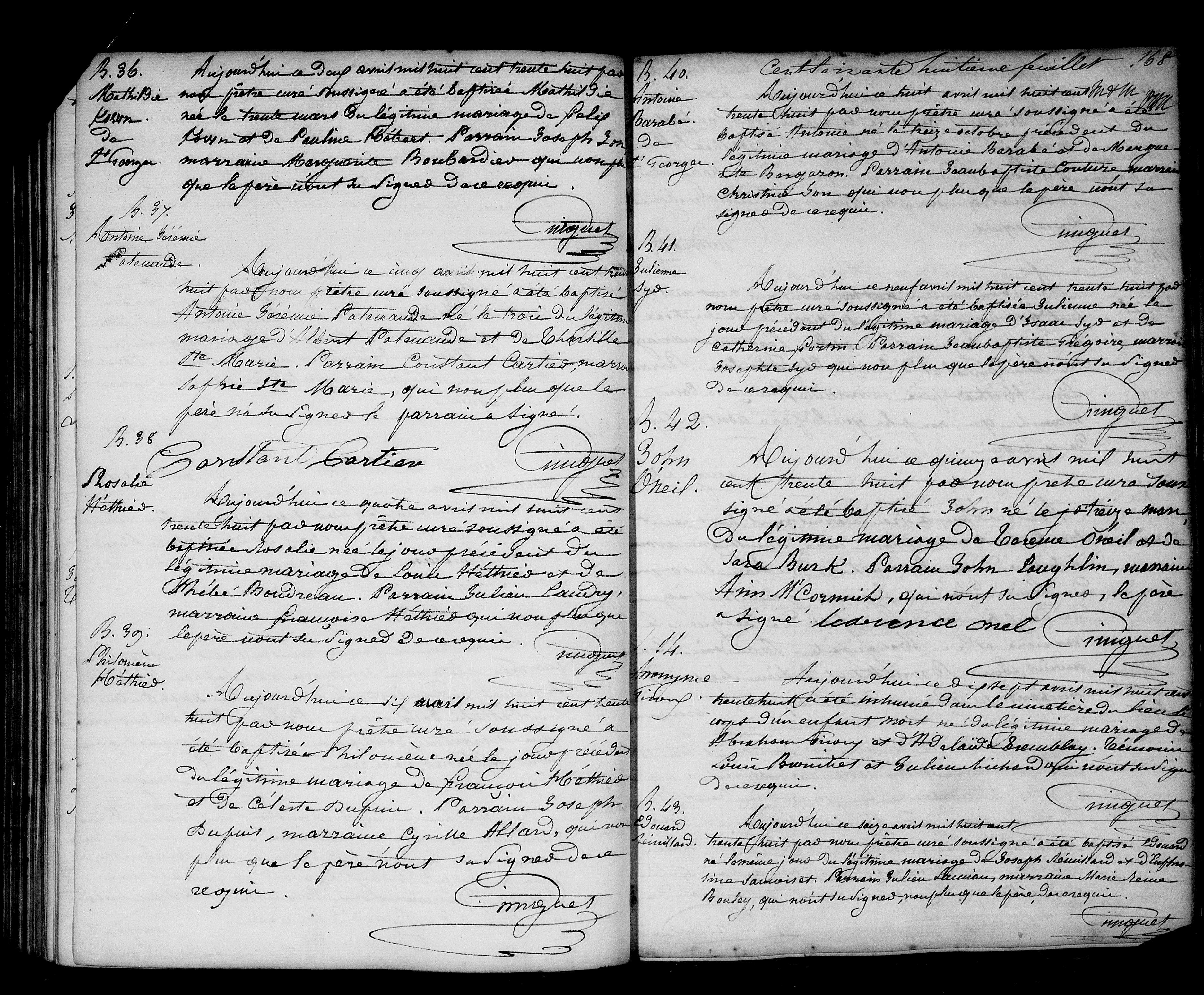 1838 Saint-Valentin baptism register page — Antoine Barabe entry B.40