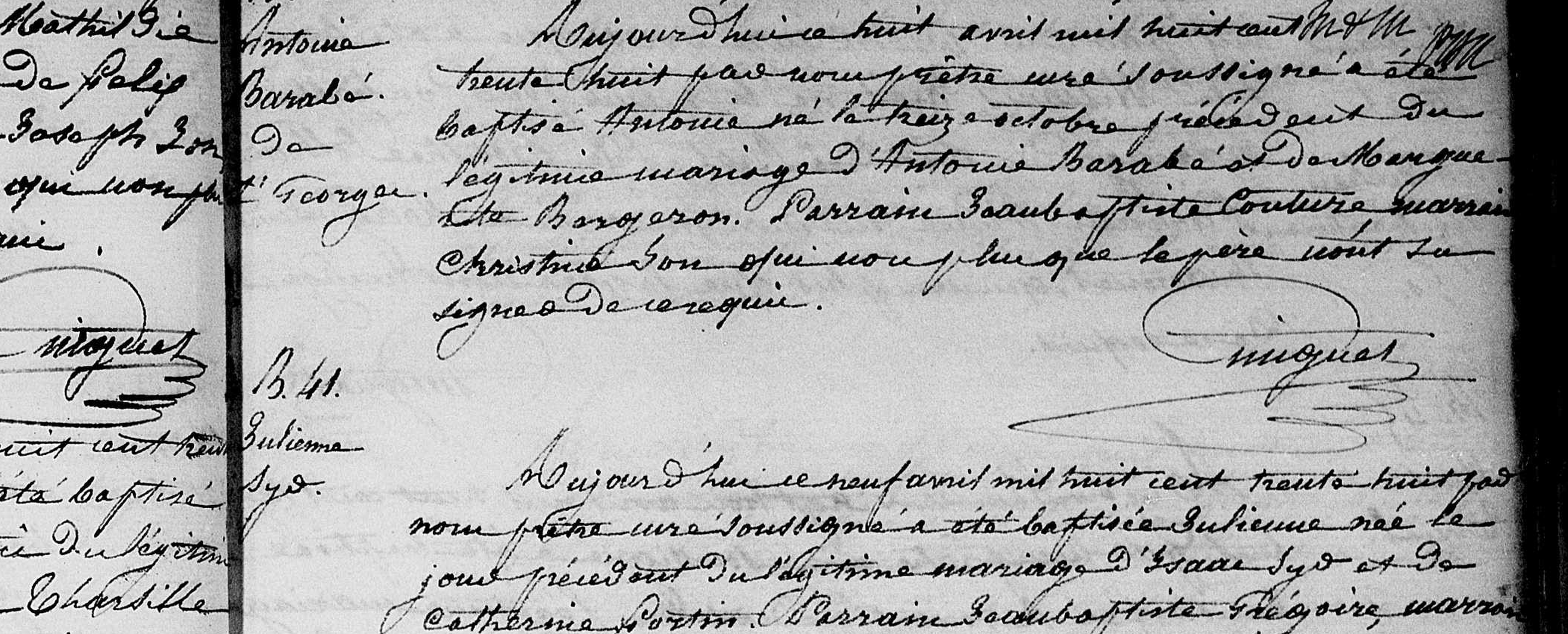 Close-up of the Antoine Barabe baptism entry B.40